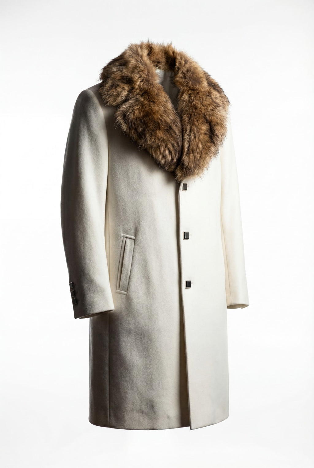 Ivory wool coat with fur collar. Longline silhouette, tonal buttons, luxury outerwear.