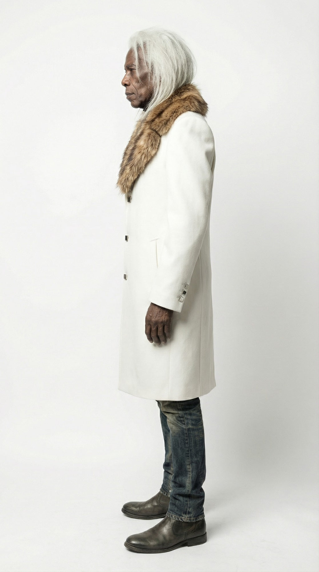 White wool coat with fur collar, longline silhouette. Luxury outerwear.