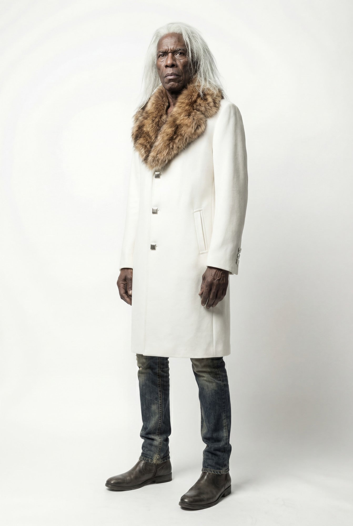 Ivory wool coat with fur collar. Menswear overcoat, square button detail, paired with dark wash denim jeans.