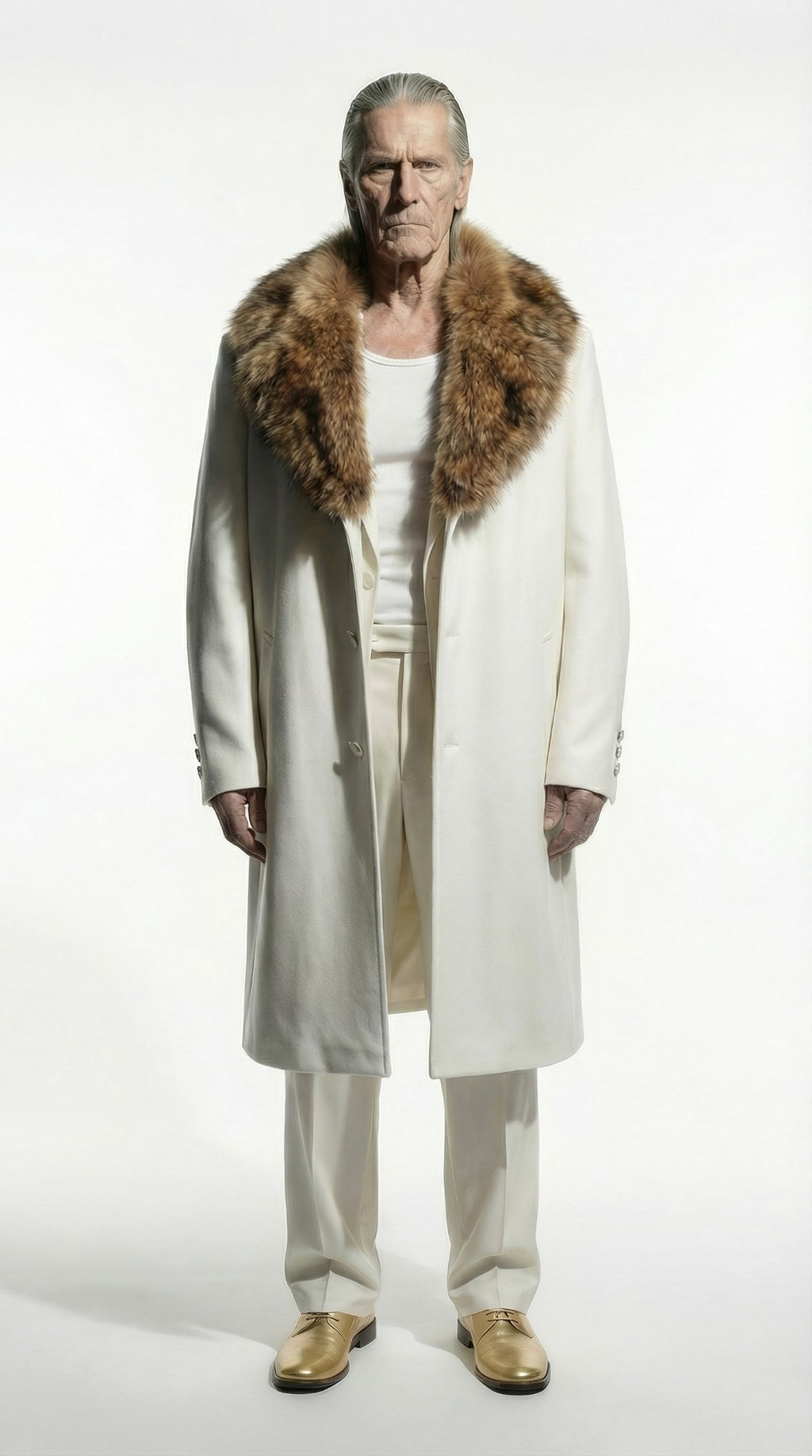 Cream overcoat with fur collar, matching trousers, and gold leather dress shoes. Menswear fashion.