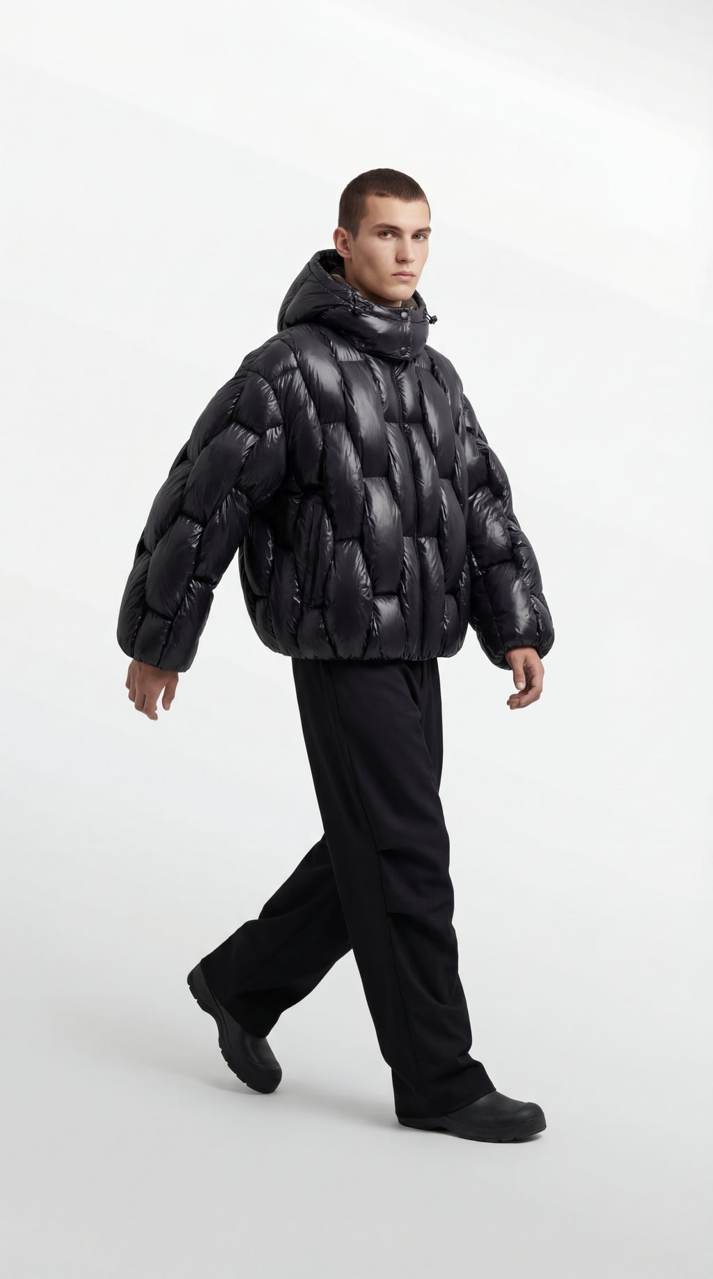 Hooded Puffer Jacket in Black Nylon