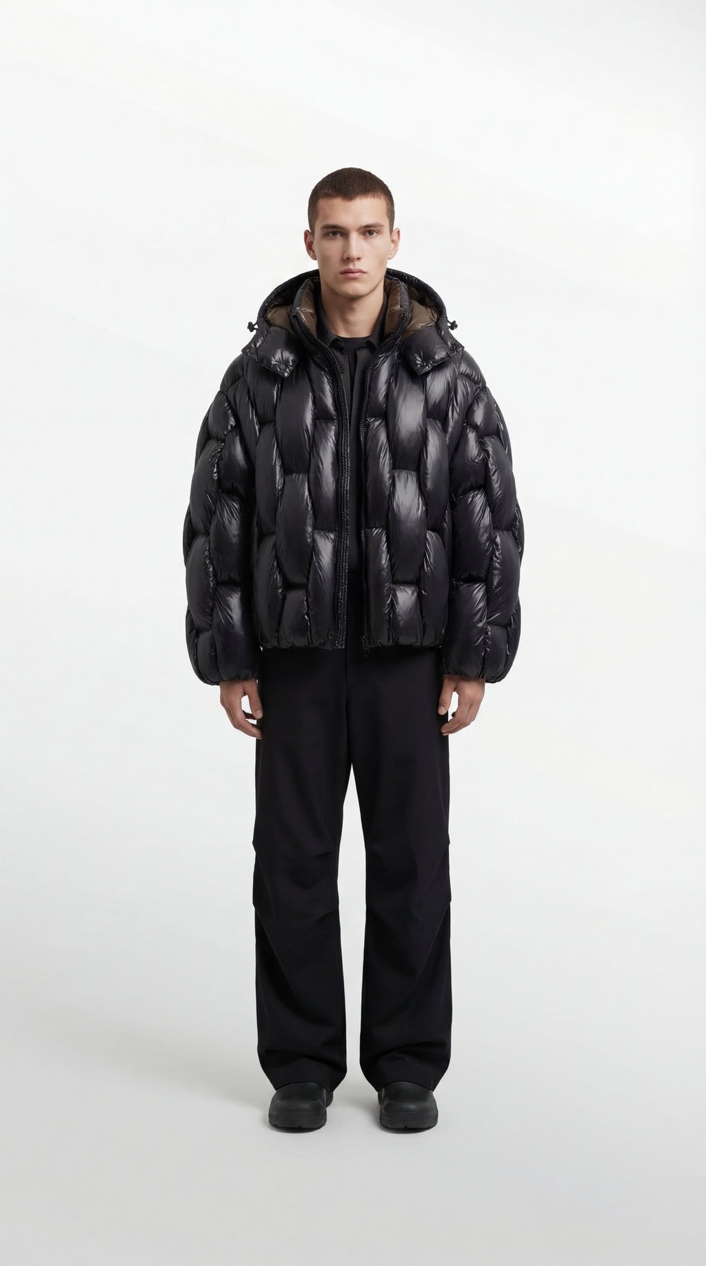 Hooded Puffer Jacket in Black Nylon