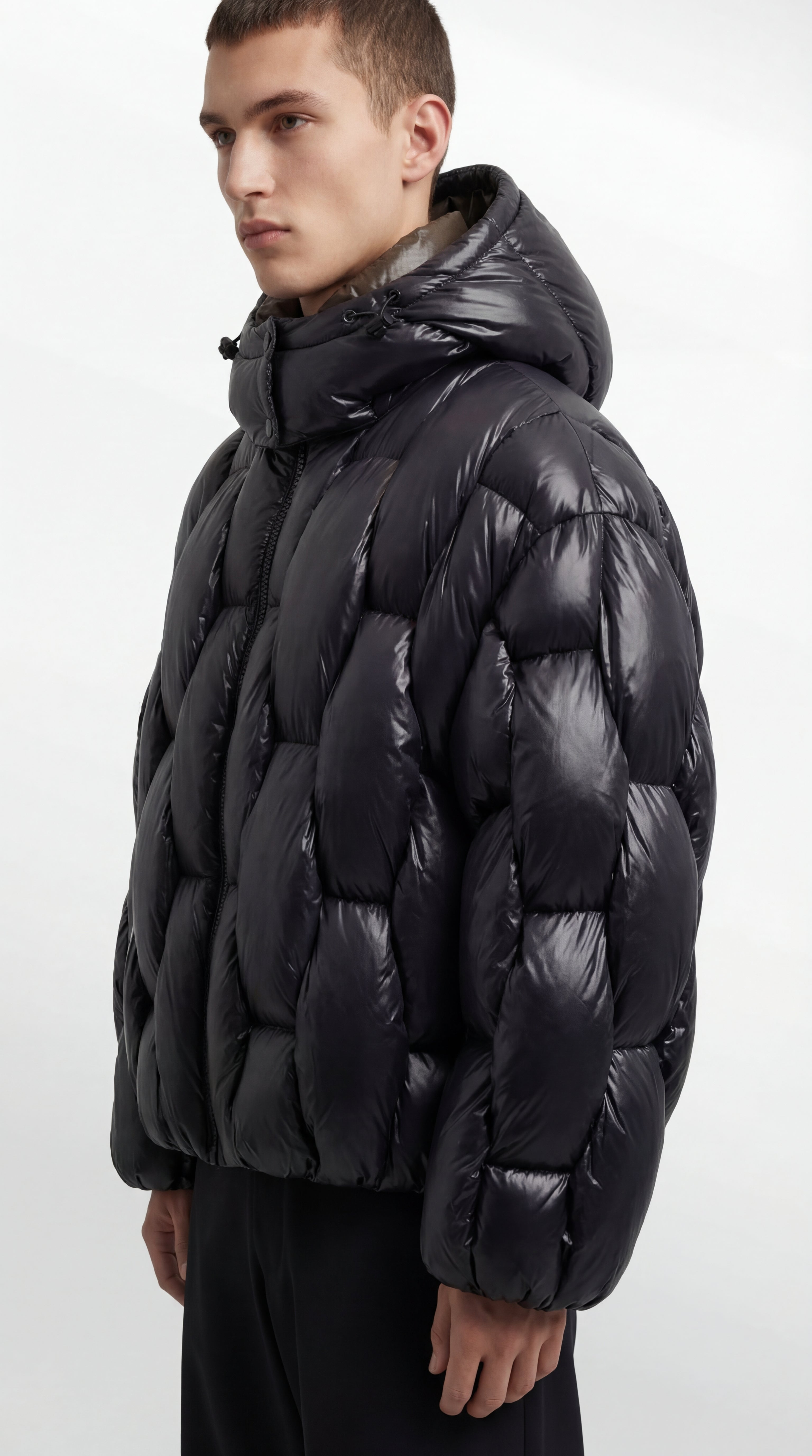 Hooded Puffer Jacket in Black Nylon