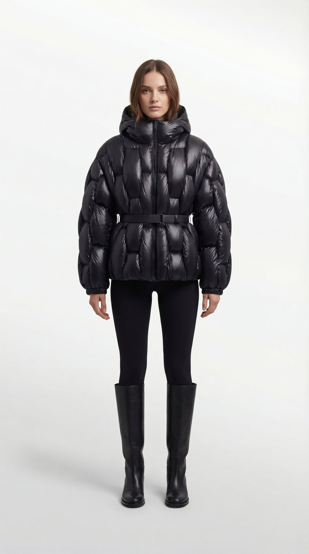 Belted Hooded Down Puffer Jacket in Lacquered Nylon