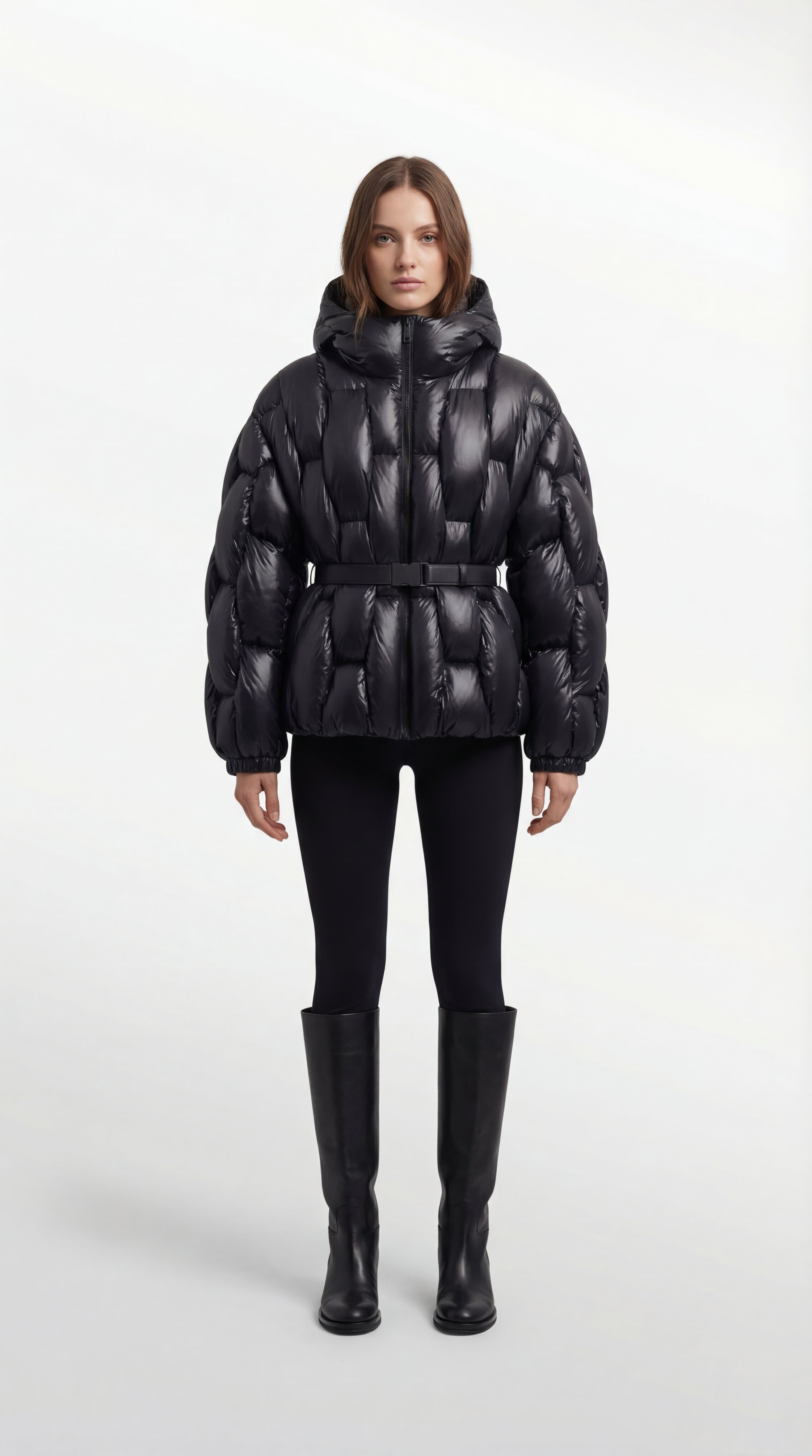 Belted Hooded Down Puffer Jacket in Lacquered Nylon