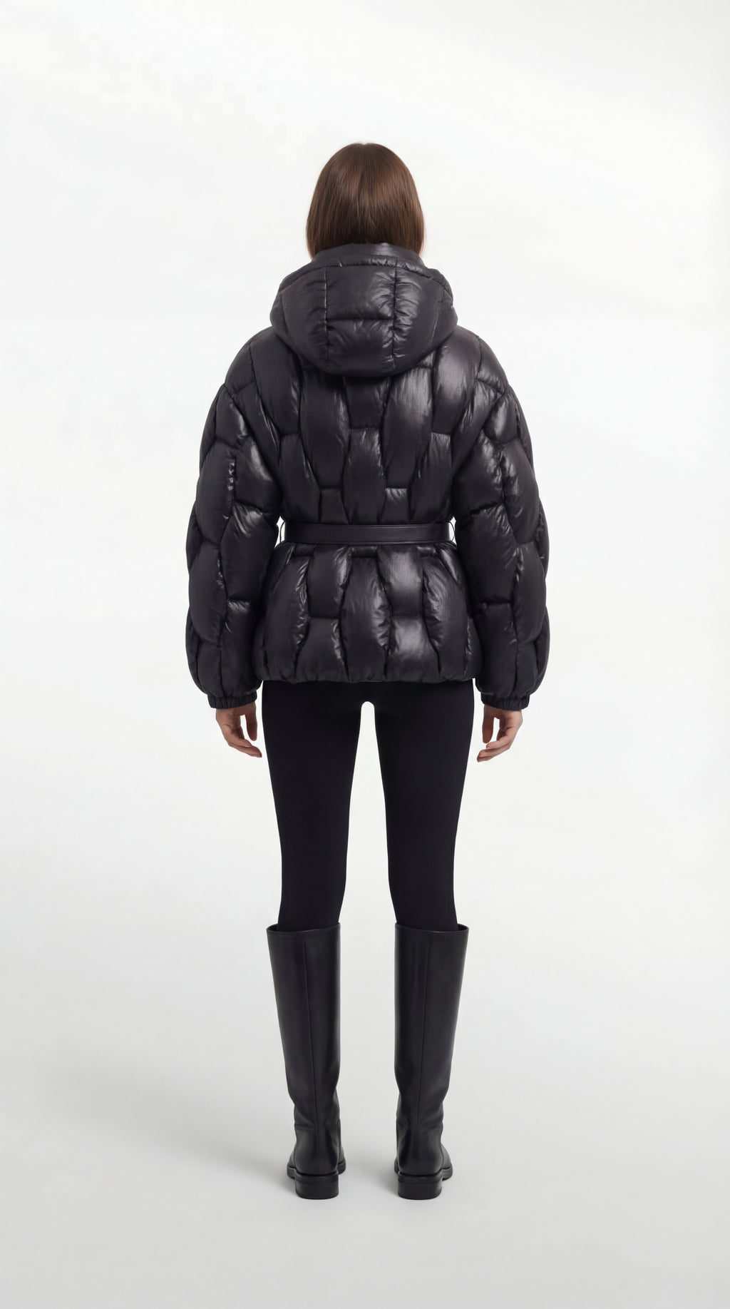 Belted Hooded Down Puffer Jacket in Lacquered Nylon