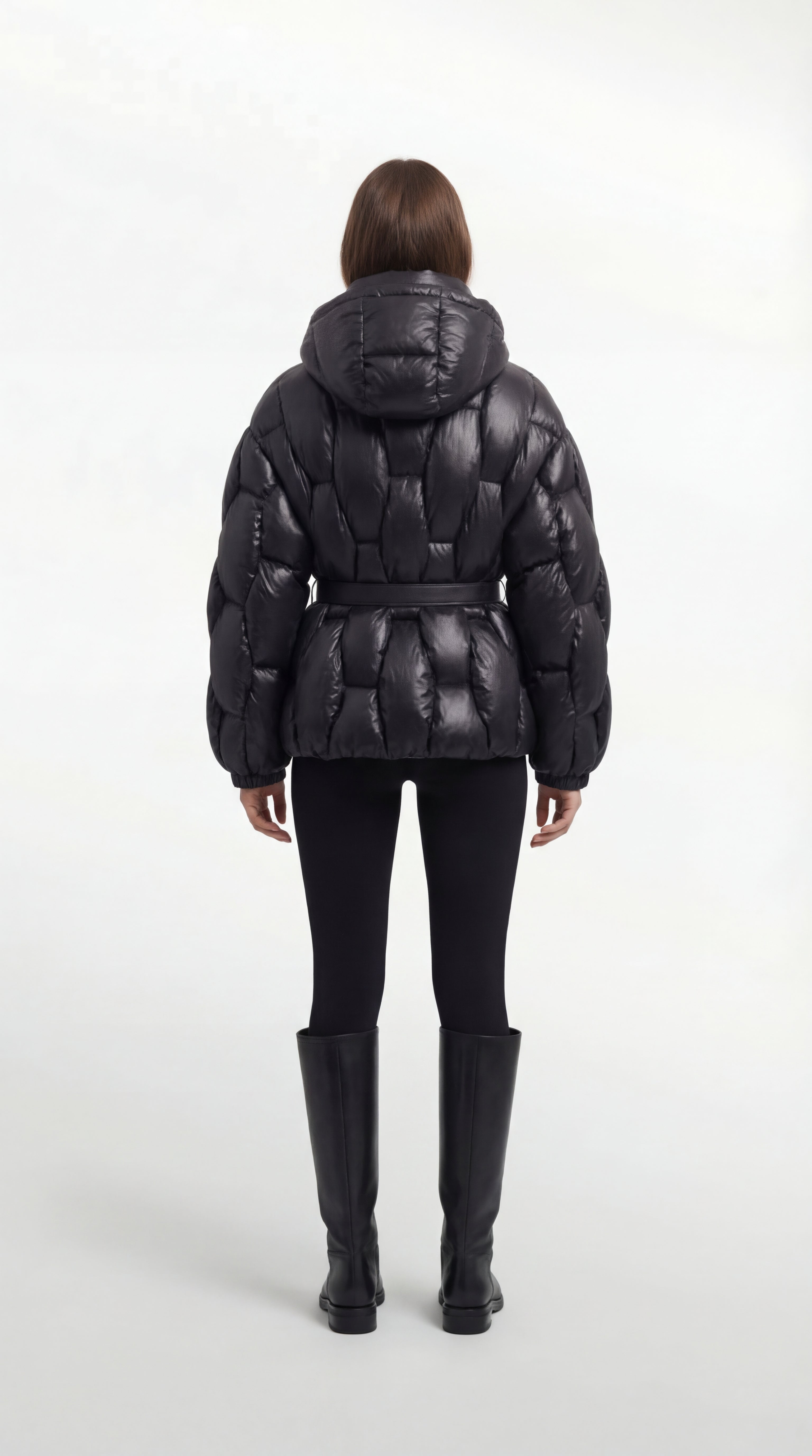 Belted Hooded Down Puffer Jacket in Lacquered Nylon