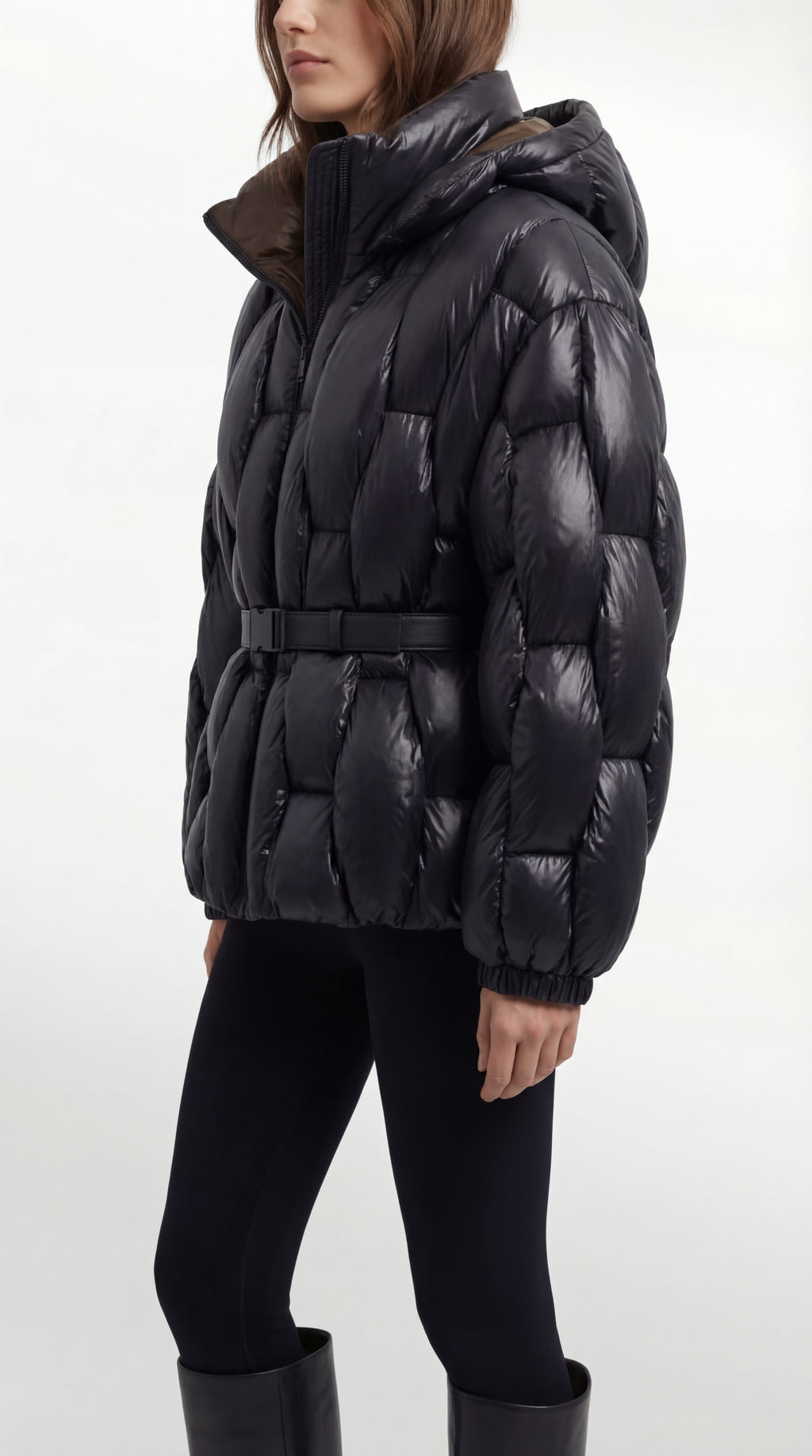 Belted Hooded Down Puffer Jacket in Lacquered Nylon