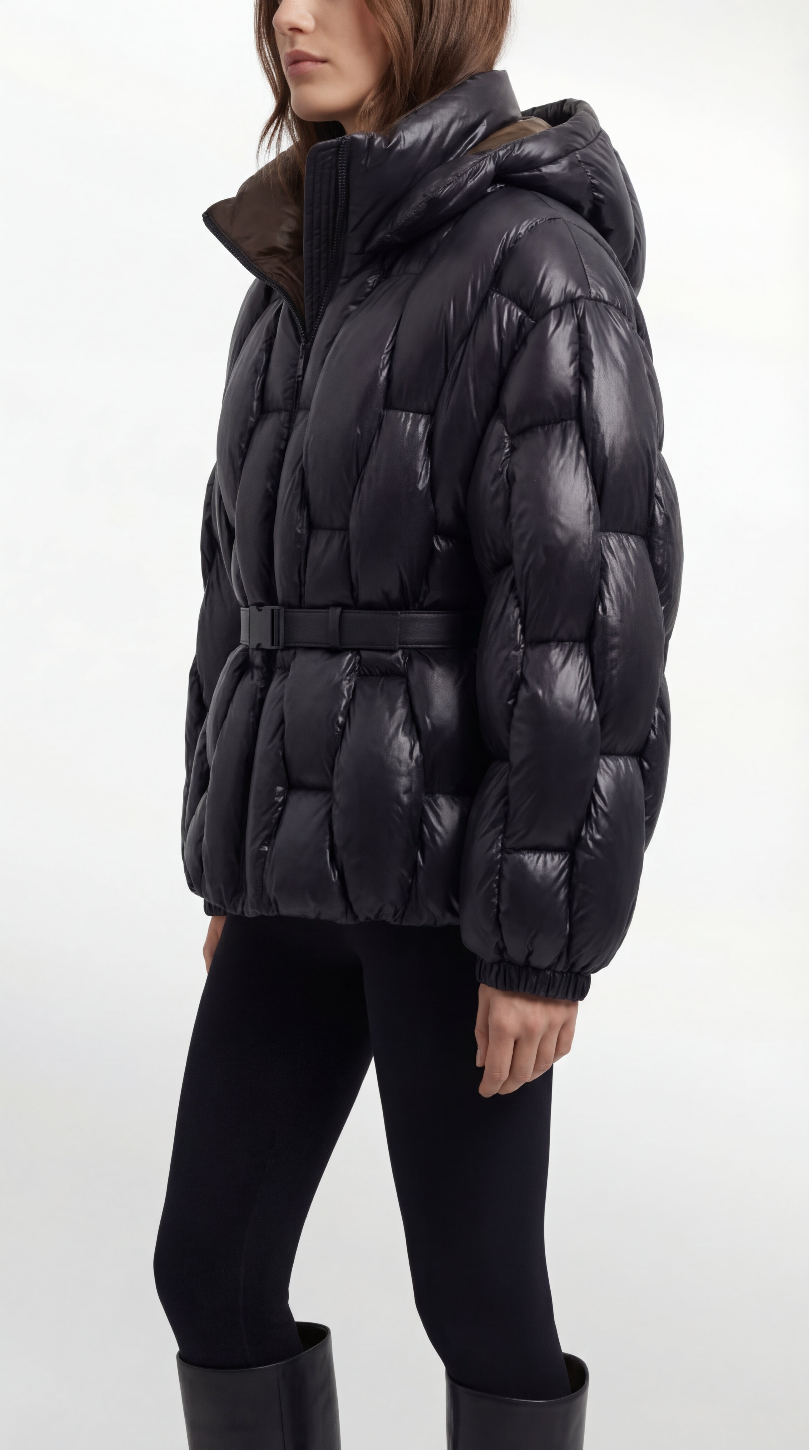 Belted Hooded Down Puffer Jacket in Lacquered Nylon