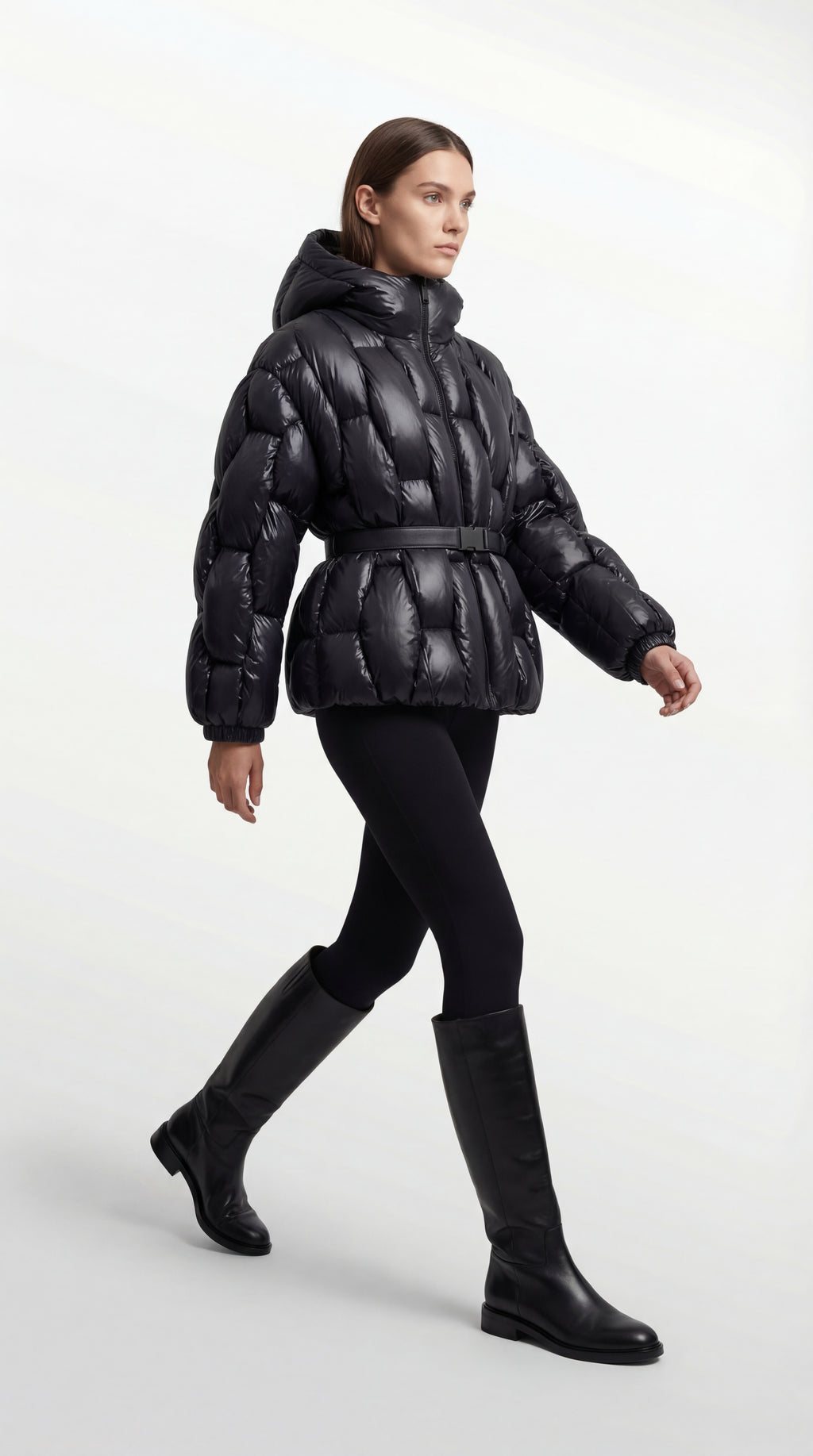 Belted Hooded Down Puffer Jacket in Lacquered Nylon