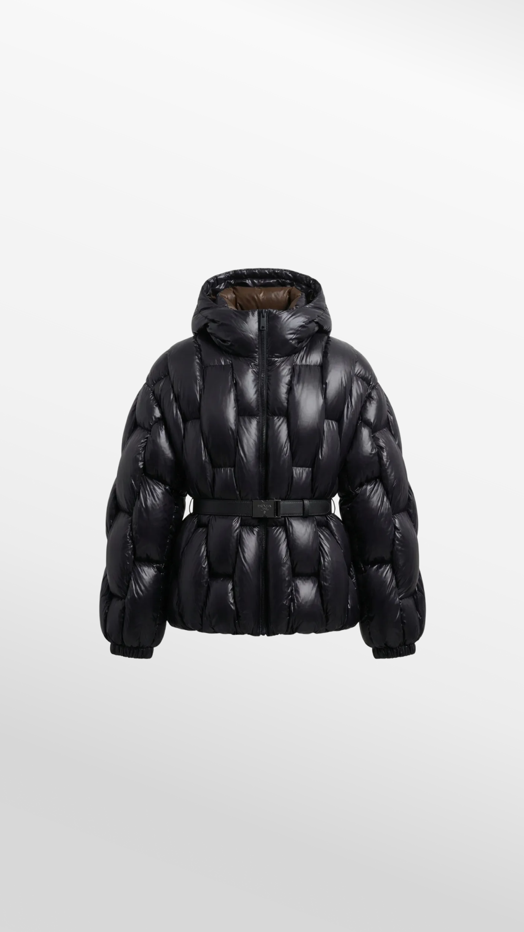 Belted Hooded Down Puffer Jacket in Lacquered Nylon