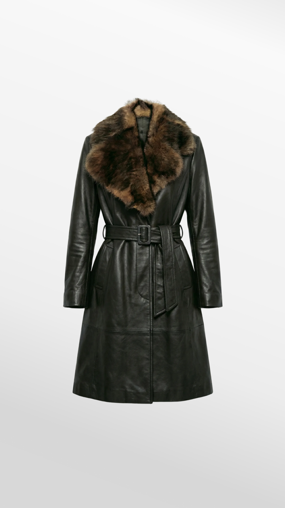 Belted Leather Coat with Fur Collar in Black Lambskin