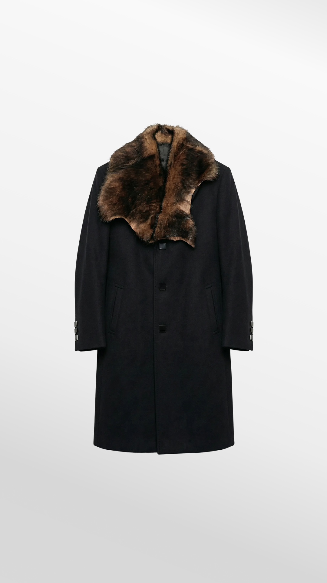 Single-Breasted Overcoat with Fur Collar in Black Wool-Cashmere