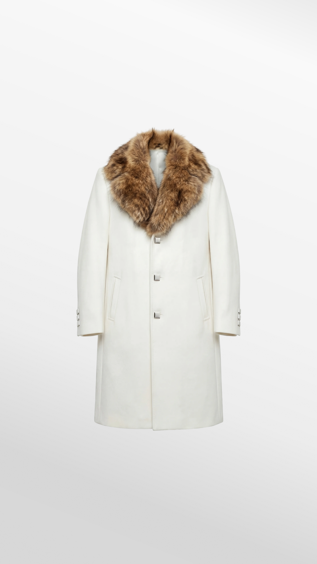 Single-Breasted Overcoat with Fur Collar in Cream Wool-Cashmere