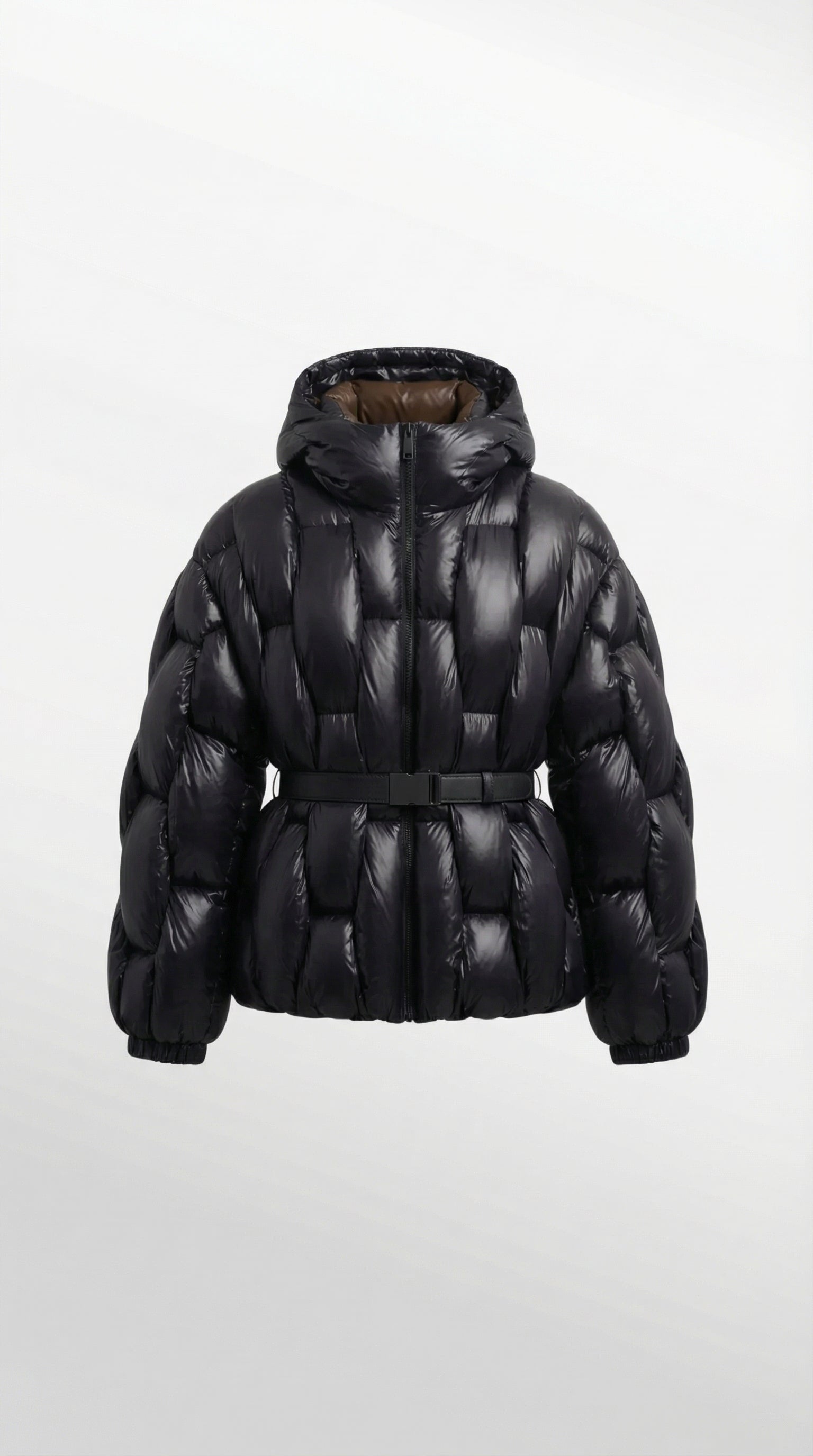 Belted Hooded Down Puffer Jacket in Lacquered Nylon